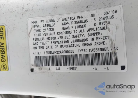 2010 Acura Tl 3.5 из США, поврежденный, VIN 19UUA8F22AA000326